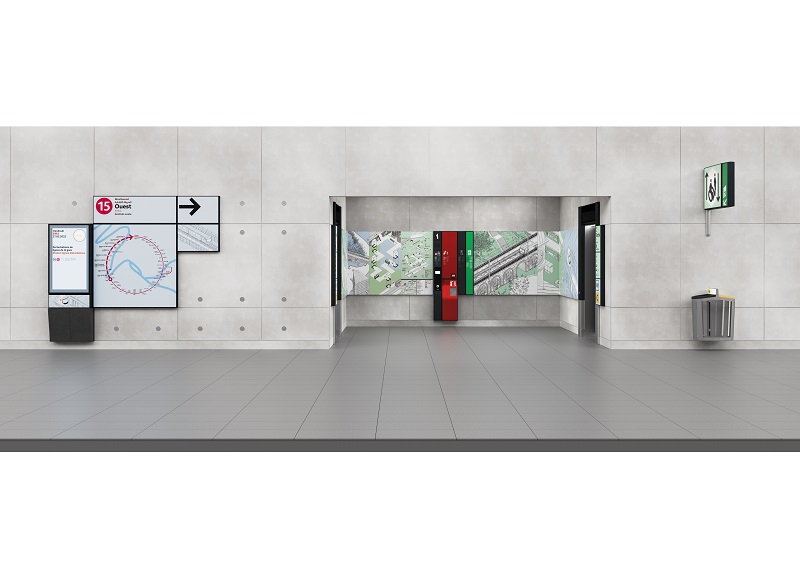 Perspective d’un quai de gare du Grand Paris Express avec les fresques d’illustrations des territoires