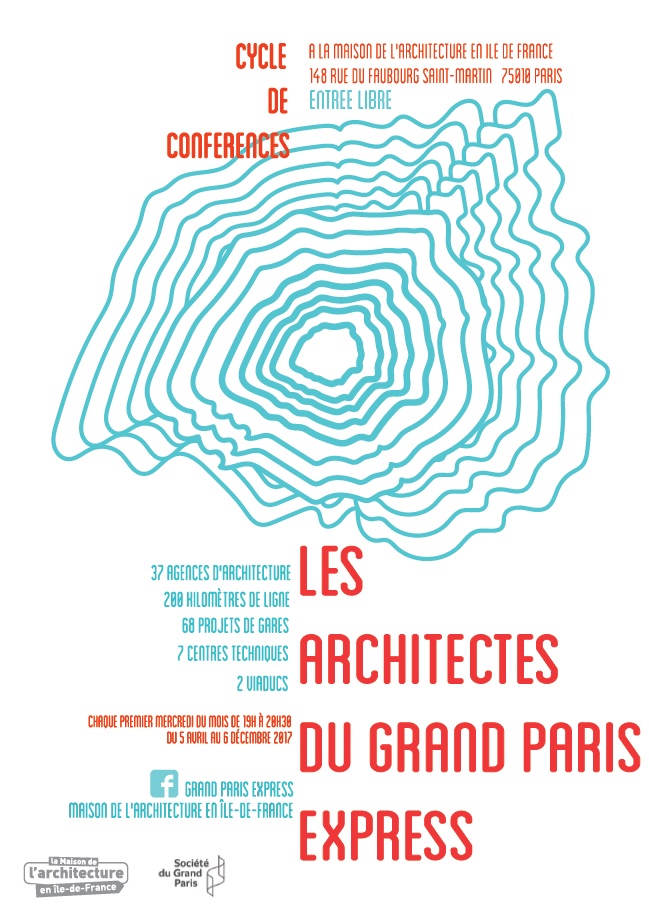 Affiche du cycle de conférences « Les Architectes du Grand Paris Express » avec une représentation sensible de la carte du Grand Paris
