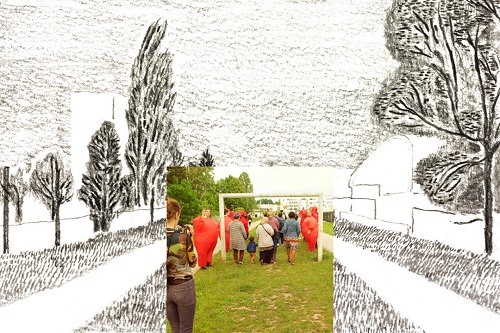 Photos d’une quinzaine de personnes dans un espace vert incrustée dans un dessin d’espace public au crayon en noir et blanc