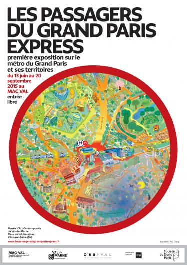 Affiche de l’exposition « Les passagers du Grand Paris Express » représentant une illustration de ville dans un rond 