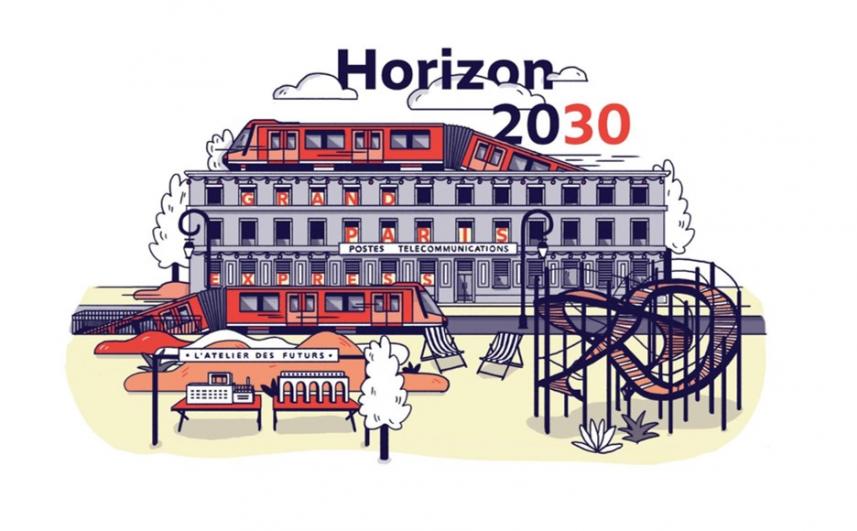 Affiche du pavillon « Horizon 2030 » dans le cadre de la biennale d’architecture et de paysage de Versailles, avec une esquisse du bâtiment du pavillon 
