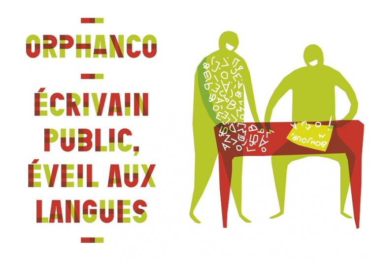 Affiche avec deux silhouettes vertes sur une table rouge, sur fond blanc, avec écrit « Orphanco – Ecrivain public, éveil aux langues » dans le cadre du chantier du partagé « Agrafmobile » par Malte Martin à La Courneuve en 2018