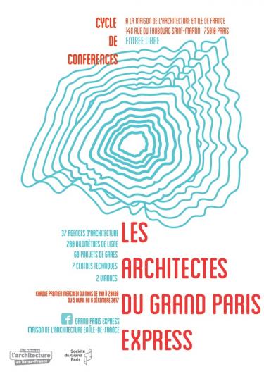 Affiche du cycle de conférences « Les Architectes du Grand Paris Express » avec une représentation sensible de la carte du Grand Paris