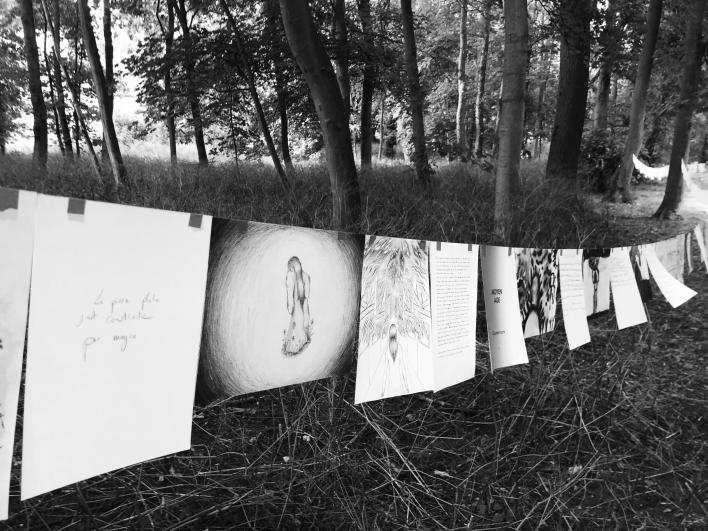 Banderole de dessins, faits par les élèves, étendue dans les bois 